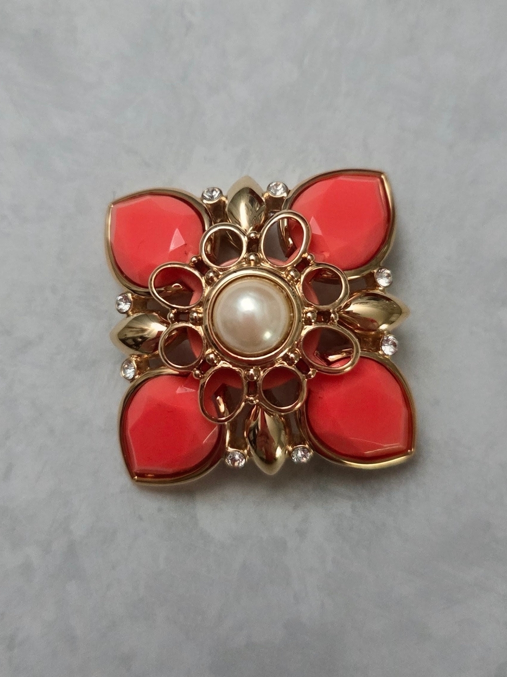 Vintage Joan Rivers Interchangeable Flower Brooch Coral Faux Pearl Gold Tone